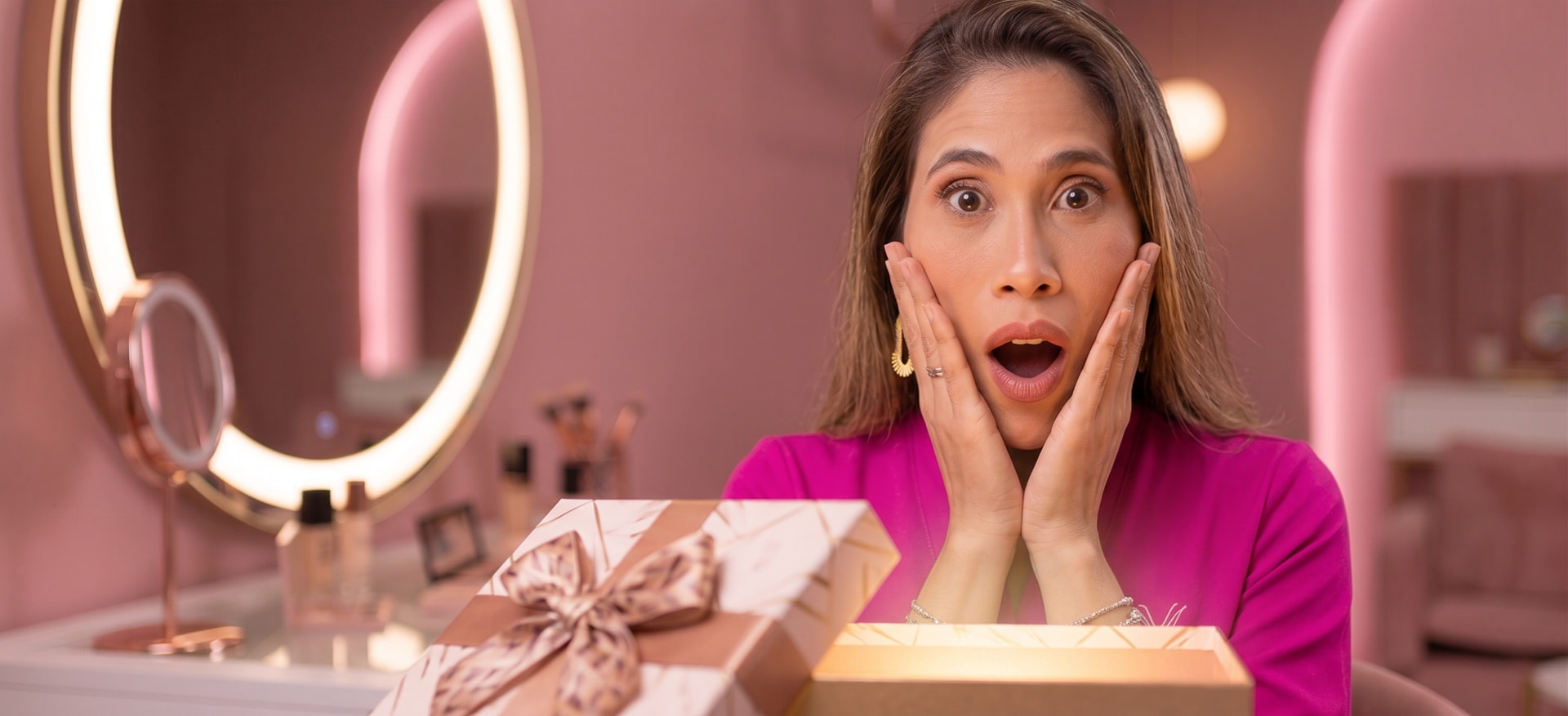 Vanessa sorprendida frente a su tocador rosa mientras abre una caja de regalo